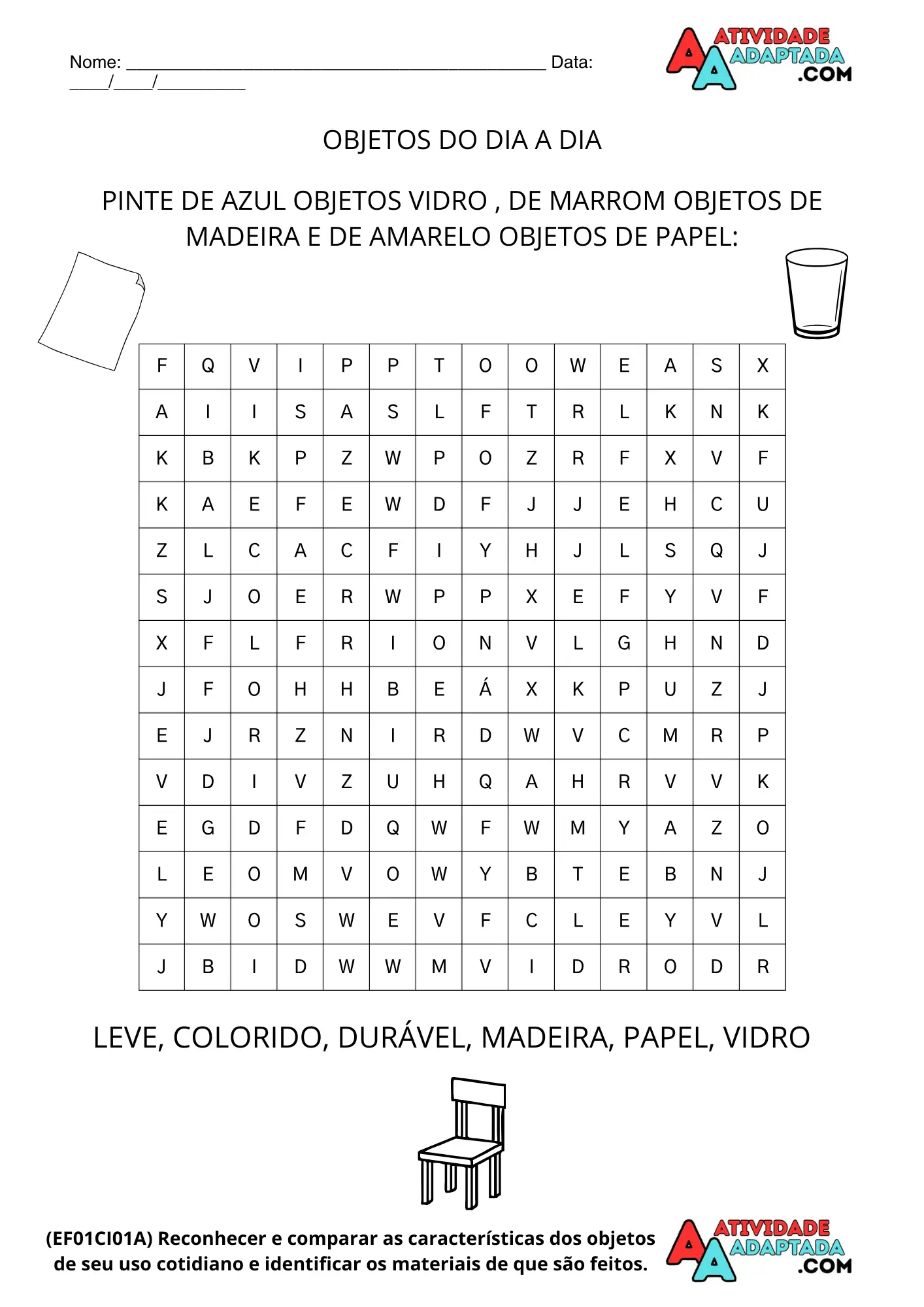 Atividade de Ciências: Caça palavras Objetos do Dia a Dia